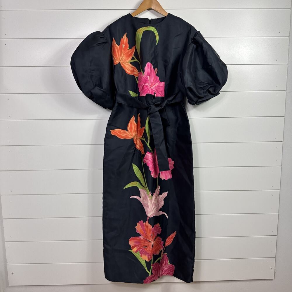 N by Nancy Maxi Dress Puff Sleeve Bold Floral Print Black sz S